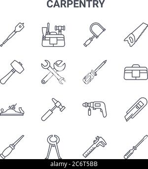 set of 16 carpentry concept vector line icons. 64x64 thin stroke icons such as kit, mallet, bag, drill, prune, screwdriver, scale, screwdriver, saw Stock Vector