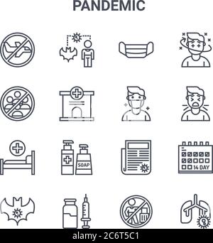 set of 16 pandemic concept vector line icons. 64x64 thin stroke icons such as carrier, avoid crowds, cough, news report, vaccine, lungs, no travelling Stock Vector