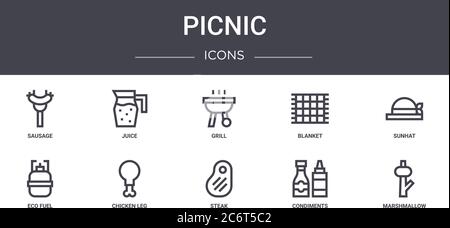 picnic concept line icons set. contains icons usable for web, logo, ui/ux such as juice, blanket, eco fuel, steak, condiments, marshmallow, sunhat, gr Stock Vector