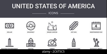 united states of america concept line icons set. contains icons usable for web, logo, ui/ux such as doughnut, hot dog, washington monument, turkey, ch Stock Vector