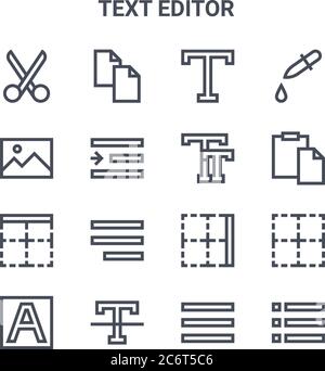set of 16 text editor concept vector line icons. 64x64 thin stroke icons such as copy, picture, paste, border, clear format, bullet list, justify text Stock Vector