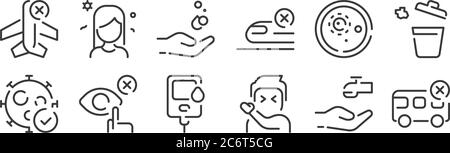 12 set of linear coronavirus icons. thin outline icons such as bus, sneezing, eye, petri dish, hand washing, woman for web, mobile Stock Vector