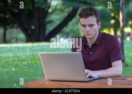 Young Man using a Laptop in the Park Stock Photo