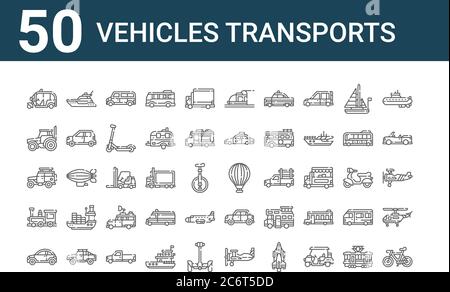 set of 50 vehicles transports icons. outline thin line icons such as bicycle, car, train, car, tractor, yatch, hot air balloon, subway, forklift, pick Stock Vector