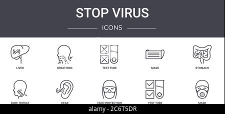 stop virus concept line icons set. contains icons usable for web, logo, ui/ux such as breathing, mask, sore throat, face protection, test tube, mask, Stock Vector