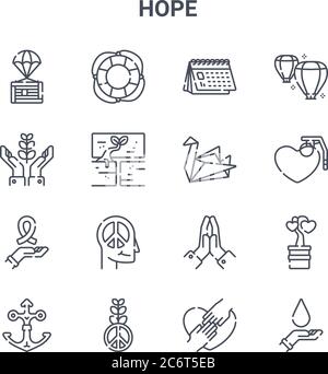 set of 16 hope concept vector line icons. 64x64 thin stroke icons such as lifebuoy, hope, grenade, hand, peace, blood donation, hands, origami, lanter Stock Vector