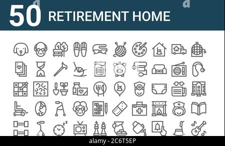 set of 50 retirement home icons. outline thin line icons such as guitar, gym, wheel chair, sudoku, playing cards, old people, retirement home, wool, p Stock Vector