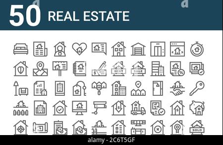 set of 50 real estate icons. outline thin line icons such as sold, target, backyard, living room, security, new, calculations Stock Vector