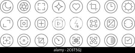 camera line icons. linear set. quality vector line set such as check, camera, timer, camera, contrast, add, brightness, love, lens Stock Vector