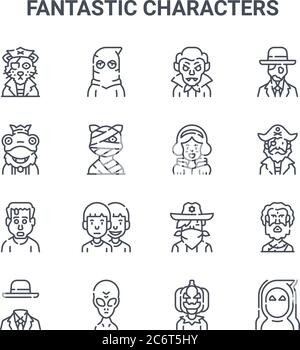 set of 16 fantastic characters concept vector line icons. 64x64 thin stroke icons such as executioner, frog prince, pirate, cowboy, alien, wraith, jac Stock Vector