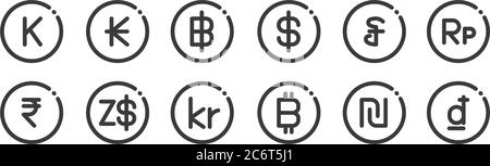 12 set of linear currency icons. thin outline icons such as vietnam, bitcoin, dollar, riel, thai baht, myanmar for web, mobile Stock Vector