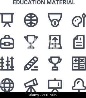 set of 16 education material concept vector line icons. 64x64 thin stroke icons such as globe, portfolio, file, trophy, telescope, push pin, whiteboar Stock Vector