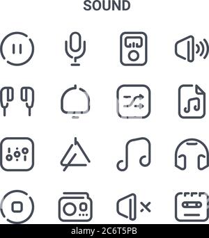 set of 16 sound concept vector line icons. 64x64 thin stroke icons such as microphone, earphones, music, music note, radio, cassette, silent, shuffle, Stock Vector