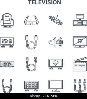 set of 16 television concept vector line icons. 64x64 thin stroke icons such as d glasses, screen ratio, tv screen, smart tv, smart tv, av cable, tele Stock Vector