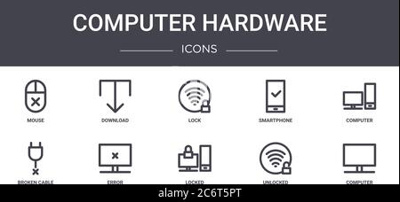 computer hardware concept line icons set. contains icons usable for web, logo, ui/ux such as download, smartphone, broken cable, locked, unlocked, com Stock Vector