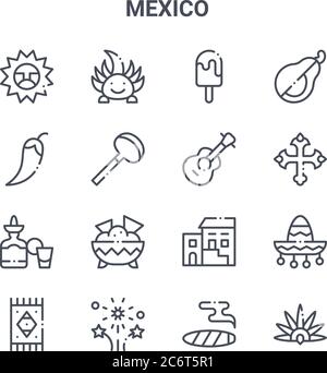 set of 16 mexico concept vector line icons. 64x64 thin stroke icons such as ajolote, chilli, cross, traditional, fireworks, headdress, cigar, guitar, Stock Vector
