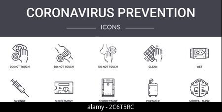 coronavirus prevention concept line icons set. contains icons usable for web, logo, ui/ux such as do not touch, clean, syringe, disinfectant, portable Stock Vector