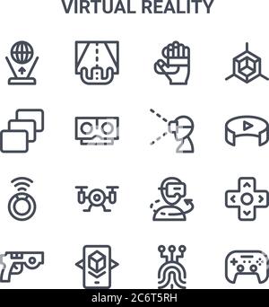 set of 16 virtual reality concept vector line icons. 64x64 thin stroke icons such as steering wheel, depth perception, degrees, virtual reality, augme Stock Vector
