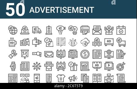 set of 50 advertisement icons. outline thin line icons such as letter, website, smartwatch, value, merchandising, digital marketing, blog Stock Vector