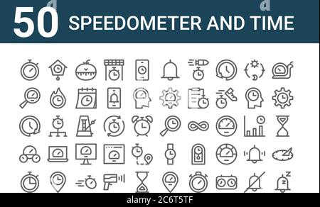 set of 50 speedometer and time icons. outline thin line icons such as sleeping, stopwatch, speedometer, clockwise, speedometer, clock, waiting, alarm, Stock Vector