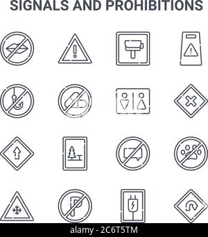set of 16 signals and prohibitions concept vector line icons. 64x64 thin stroke icons such as warning, no fishing, warning, no talking, no parking, tu Stock Vector