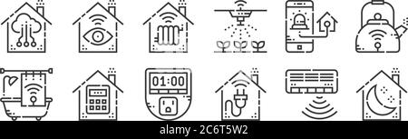 12 set of linear smarthome icons. thin outline icons such as sleep mode, plug, password, home security, heating, monitor for web, mobile Stock Vector
