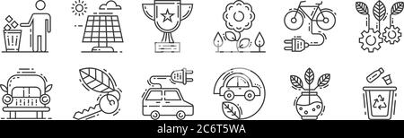 12 set of linear environment and eco icons. thin outline icons such as recycle, eco car, door key, electric bicycle, trophy, solar panel for web, mobi Stock Vector