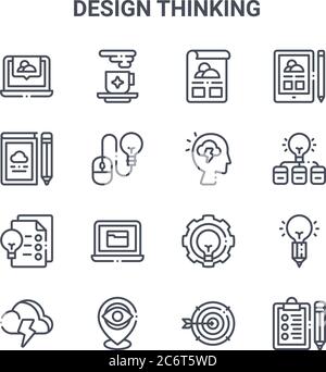 set of 16 design thinking concept vector line icons. 64x64 thin stroke icons such as food, book, light bulb, light bulb, location, clipboard, target, Stock Vector