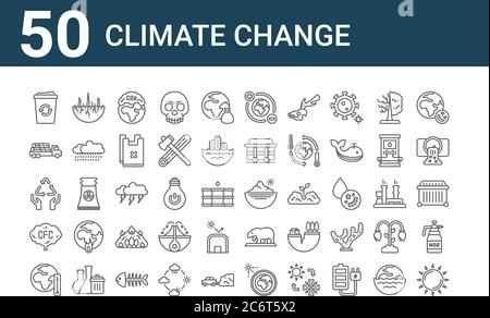 set of 50 climate change icons. outline thin line icons such as sun, global warming, air pollution, recycle, truck, drought, south pole, earth, thunde Stock Vector