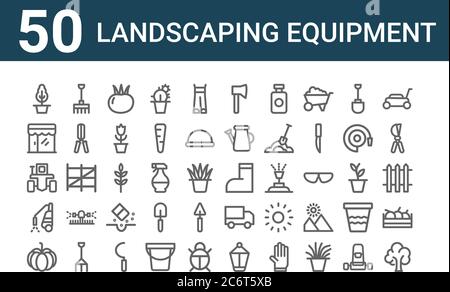 set of 50 landscaping equipment icons. outline thin line icons such as tree, pumpkin, sprinkler, tractor, shop, rake, gumboot Stock Vector