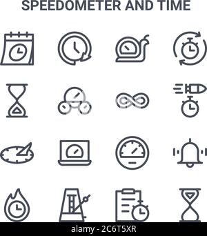 set of 16 speedometer and time concept vector line icons. 64x64 thin stroke icons such as clockwise, sand clock, bullet time, speedometer, metronome, Stock Vector