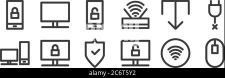12 set of linear computer hardware icons. thin outline icons such as mouse, unlocked, lock, download, smartphone, computer for web, mobile Stock Vector