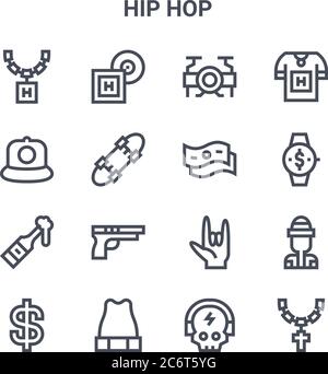 set of 16 hip hop concept vector line icons. 64x64 thin stroke icons such as lp, rap, wristwatch, hand, beanie, necklace, skull, money, tshirt Stock Vector