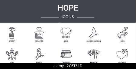 hope concept line icons set. contains icons usable for web, logo, ui/ux such as donation, blood donation, hope, calendar, rainbow, grenade, hand, love Stock Vector