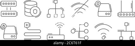 12 set of linear network and database icons. thin outline icons such as ports, conection, phone cable, hard disk, connection, database for web, mobile Stock Vector