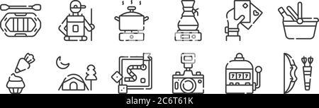 12 set of linear free time icons. thin outline icons such as archery, camera, camping tent, poker cards, cooking pot, hiking for web, mobile Stock Vector