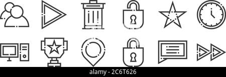 12 set of linear web essentials icons. thin outline icons such as next button, unlock, cup, star, trash bin, multimedia for web, mobile Stock Vector