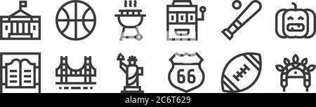 12 set of linear united states of america icons. thin outline icons such as native, route, golden gate, baseball, barbecue, basketball ball for web, m Stock Vector