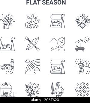 set of 16 flat season concept vector line icons. 64x64 thin stroke icons such as bonfire, summer, umbrella, rainy day, tree, snowflake, raincoat, kite Stock Vector