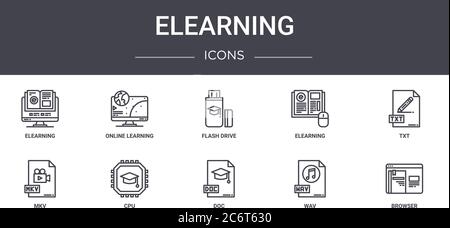 elearning concept line icons set. contains icons usable for web, logo, ui/ux such as online learning, elearning, mkv, doc, wav, browser, txt, flash dr Stock Vector