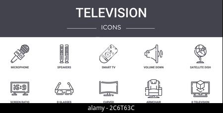 television concept line icons set. contains icons usable for web, logo, ui/ux such as speakers, volume down, screen ratio, curved, armchair, d televis Stock Vector