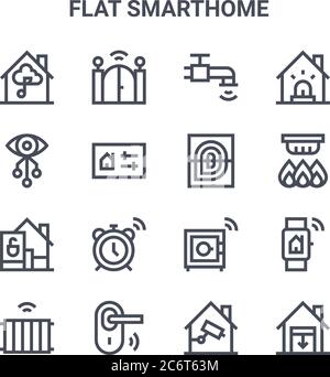 set of 16 flat smarthome concept vector line icons. 64x64 thin stroke icons such as gate, vision, smoke detector, safe box, door lock, garage, cctv, f Stock Vector