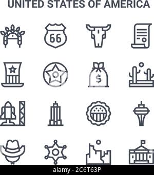 set of 16 united states of america concept vector line icons. 64x64 thin stroke icons such as route, usa, desert, american, sheriff badge, white house Stock Vector