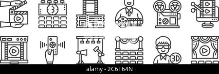 12 set of linear cinema icons. thin outline icons such as cinema, theater, remote control, movie reel, cinema tickets, cinema for web, mobile Stock Vector