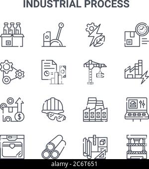 set of 16 industrial process concept vector line icons. 64x64 thin stroke icons such as control lever, cogwheels, factory, factory, tubes, press machi Stock Vector
