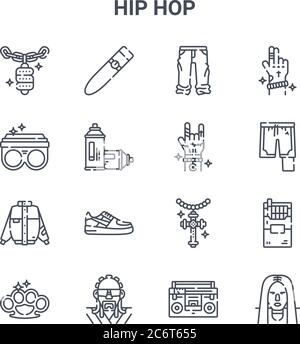 set of 16 hip hop concept vector line icons. 64x64 thin stroke icons such as cigar, ring, pants, necklace, hip hop, hip hop, boombox, hand, hand Stock Vector