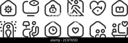 12 set of linear stay at home icons. thin outline icons such as make, stayhome, reading, stayhome, lock, watch tv for web, mobile Stock Vector