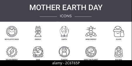 mother earth day concept line icons set. contains icons usable for web, logo, ui/ux such as energy, wind energy, solar energy, plastic, save the plane Stock Vector
