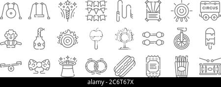 circus line icons. linear set. quality vector line set such as drum, ticket, hula hoop, balancer, unicycle, target, circus, whip, swing Stock Vector