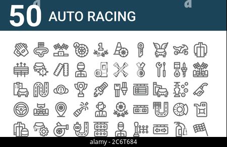 set of 50 auto racing icons. outline thin line icons such as finish flag, protective gear, steering wheel, diagnostic, air filter, circuit, safety bel Stock Vector
